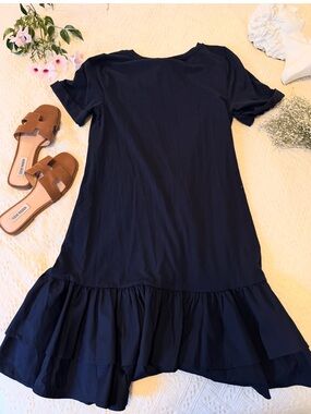 Chico's Navy Short Sleeve Dress with Clean Neckline with distinct ruffle detail
